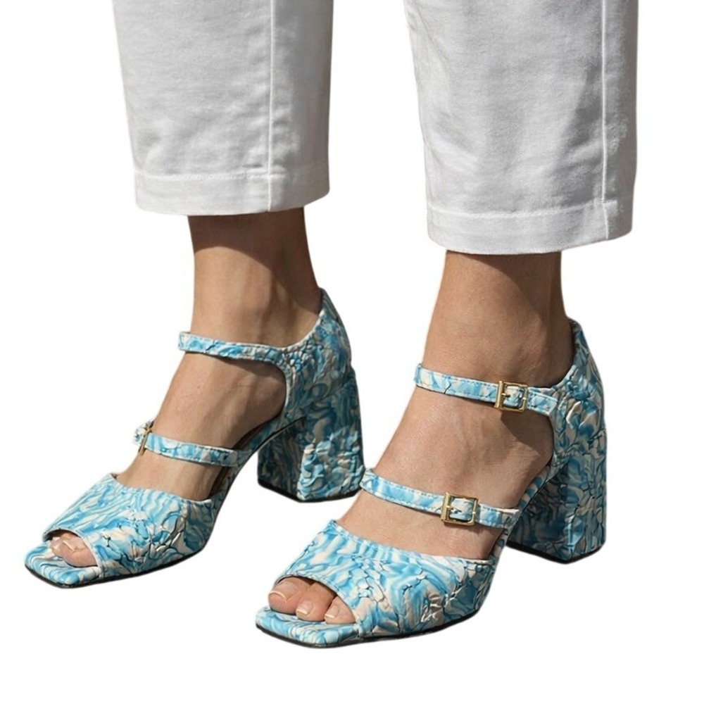 SUZANNE RAE Demi Toe Double‎ Mary Jane Heels Blue Ruched Designer 38